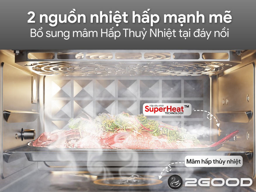 công nghệ 2 nguồn nhiệt hấp dùng Mâm hấp thủy nhiệt của nồi chiên hấp 